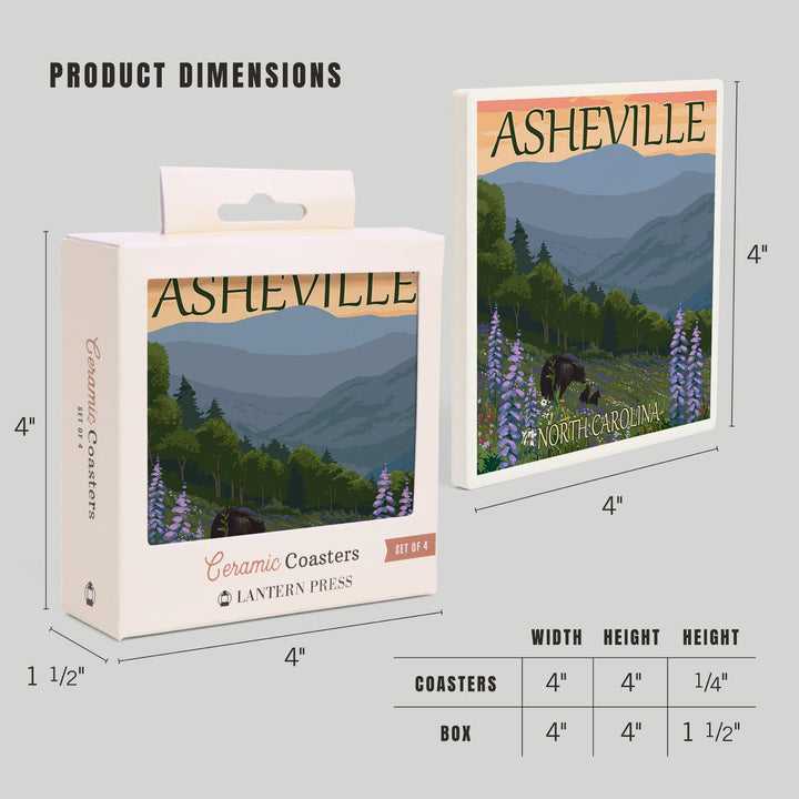 Asheville, North Carolina, Bear and Cubs with Flowers, Coasters Coasters Lantern Press