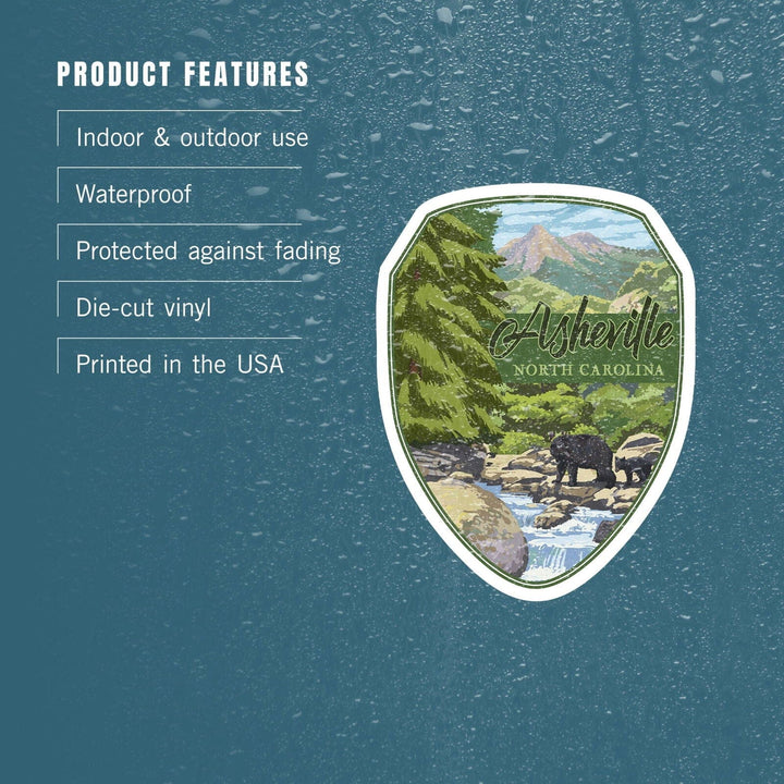 Asheville, North Carolina, Black Bears & Stream, Contour, Lantern Press Artwork, Vinyl Sticker Sticker Lantern Press