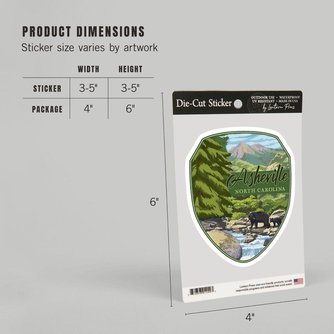 Asheville, North Carolina, Black Bears & Stream, Contour, Lantern Press Artwork, Vinyl Sticker Sticker Lantern Press