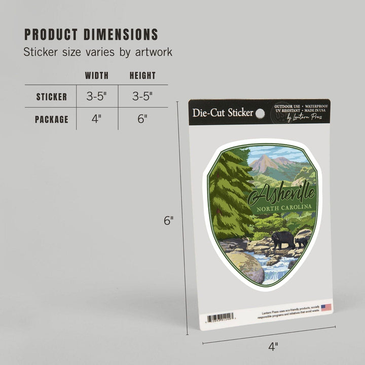 Asheville, North Carolina, Black Bears & Stream, Contour, Lantern Press Artwork, Vinyl Sticker Sticker Lantern Press