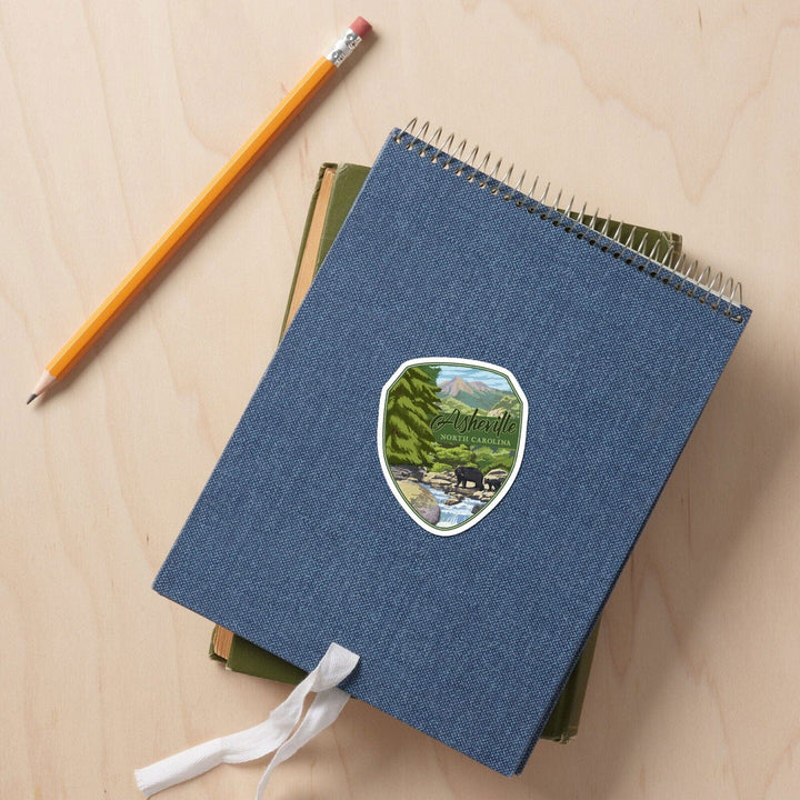 Asheville, North Carolina, Black Bears & Stream, Contour, Lantern Press Artwork, Vinyl Sticker Sticker Lantern Press