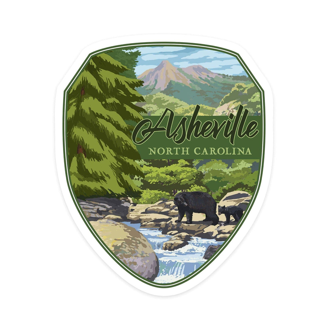 Asheville, North Carolina, Black Bears & Stream, Contour, Lantern Press Artwork, Vinyl Sticker Sticker Lantern Press