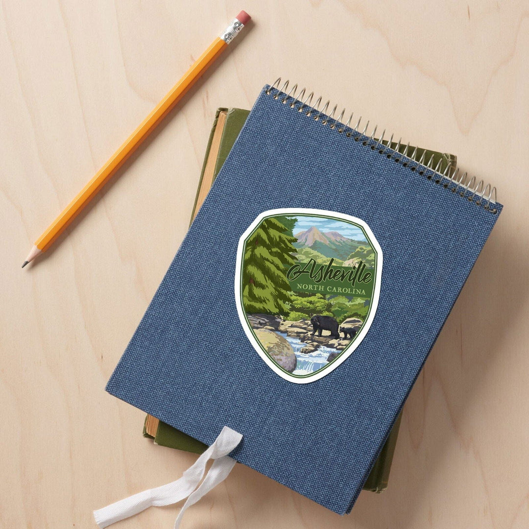 Asheville, North Carolina, Black Bears & Stream, Contour, Lantern Press Artwork, Vinyl Sticker Sticker Lantern Press