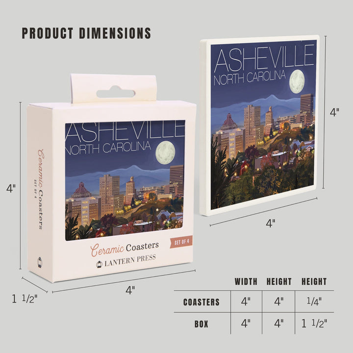 Asheville, North Carolina, Skyline at Night, Coasters Coasters Lantern Press