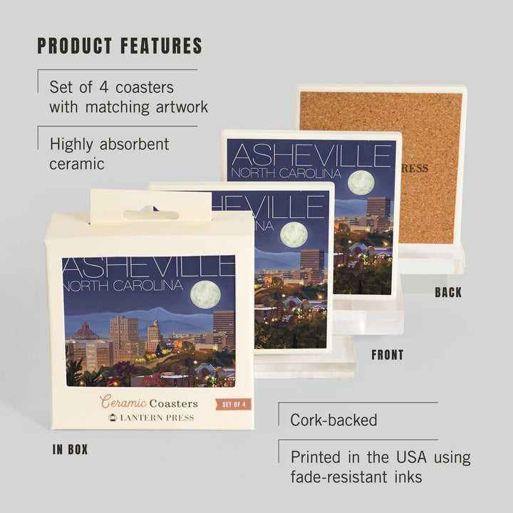 Asheville, North Carolina, Skyline at Night, Coasters Coasters Lantern Press