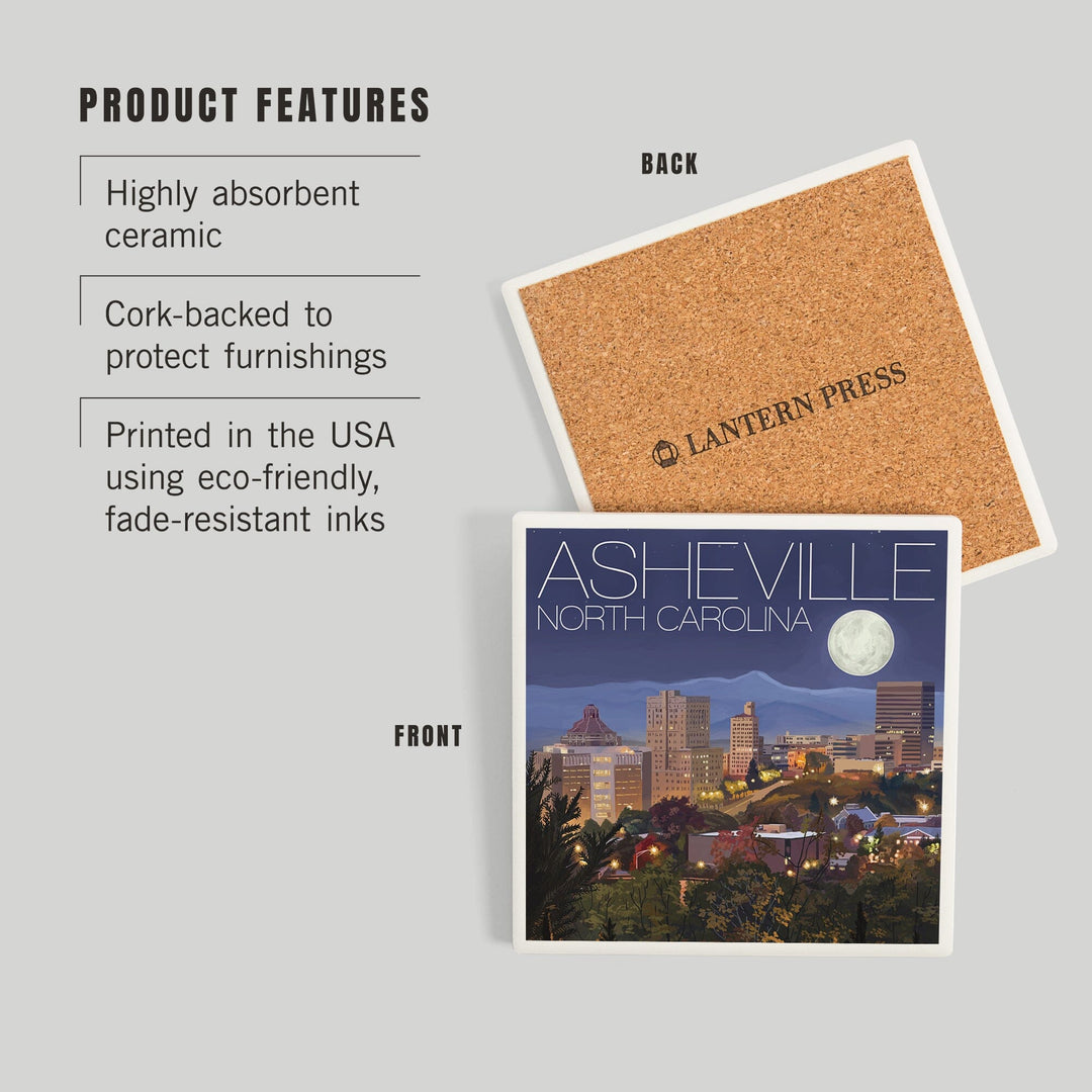 Asheville, North Carolina, Skyline at Night, Coasters Coasters Lantern Press