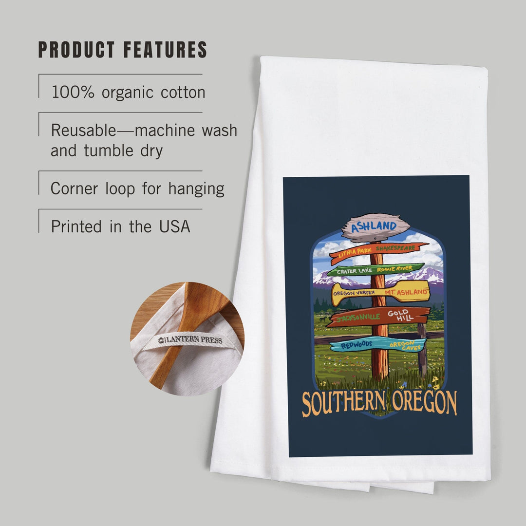 Ashland, Oregon, Destinations Sign, Contour, Organic Cotton Kitchen Tea Towels Kitchen Lantern Press