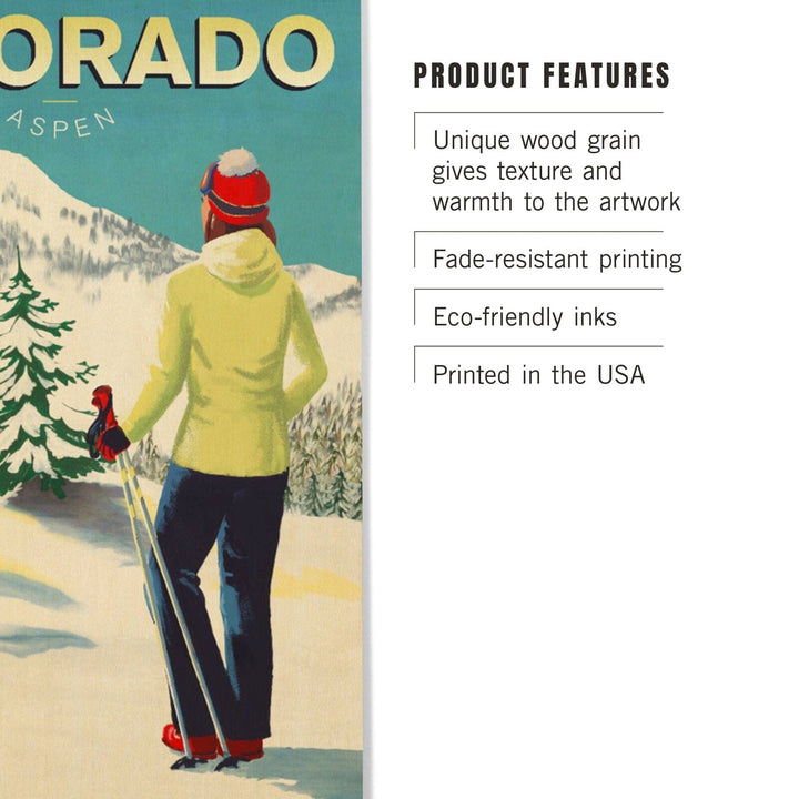 Aspen, Colorado, Woman Skier Mountain View, Ski Aspen, Lantern Press Artwork, Wood Signs and Postcards Wood Lantern Press