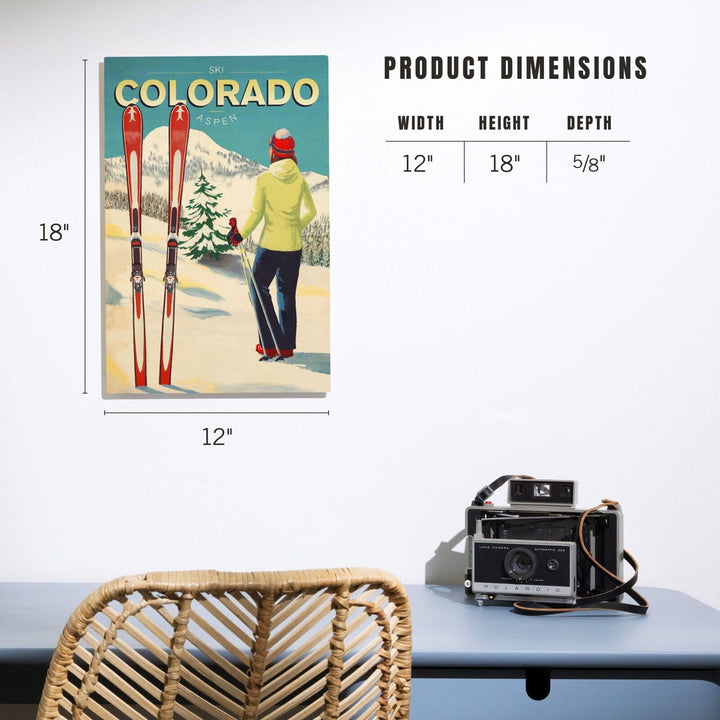 Aspen, Colorado, Woman Skier Mountain View, Ski Aspen, Lantern Press Artwork, Wood Signs and Postcards Wood Lantern Press