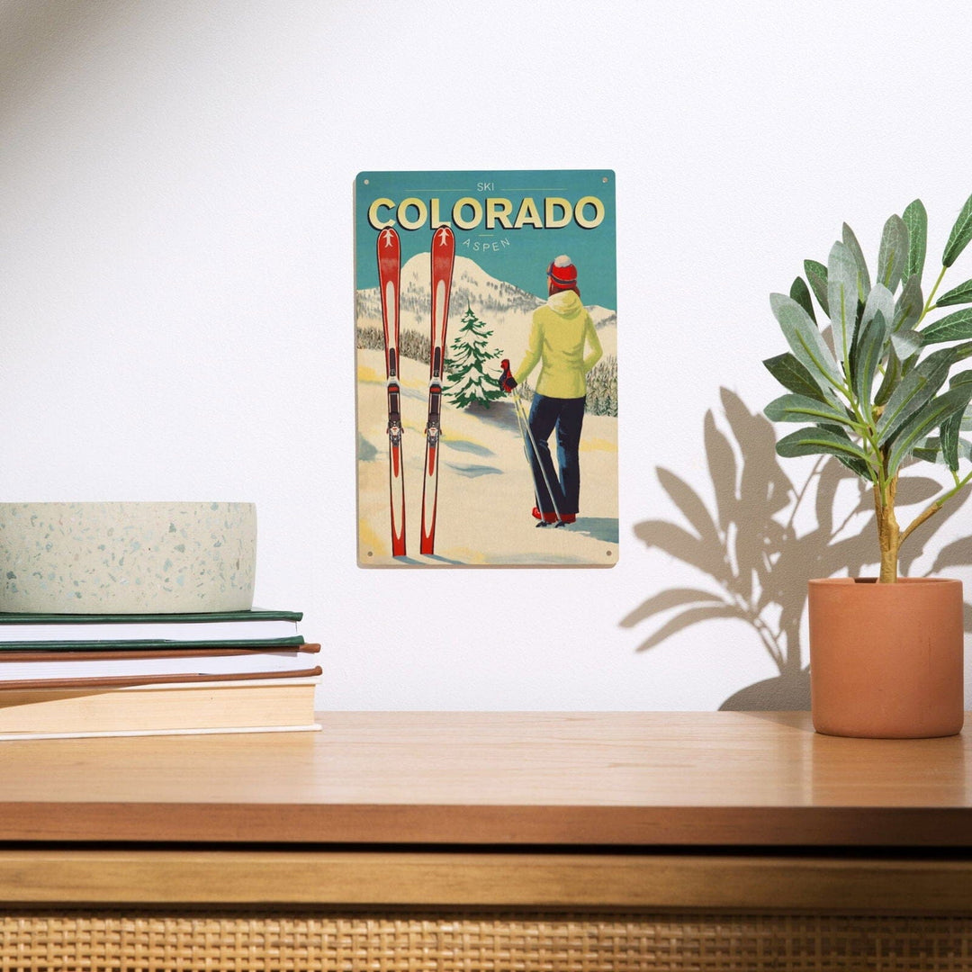 Aspen, Colorado, Woman Skier Mountain View, Ski Aspen, Lantern Press Artwork, Wood Signs and Postcards Wood Lantern Press