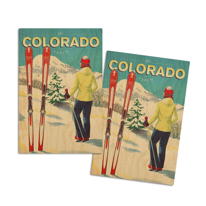 Aspen, Colorado, Woman Skier Mountain View, Ski Aspen, Lantern Press Artwork, Wood Signs and Postcards Wood Lantern Press 4x6 Wood Postcard Set