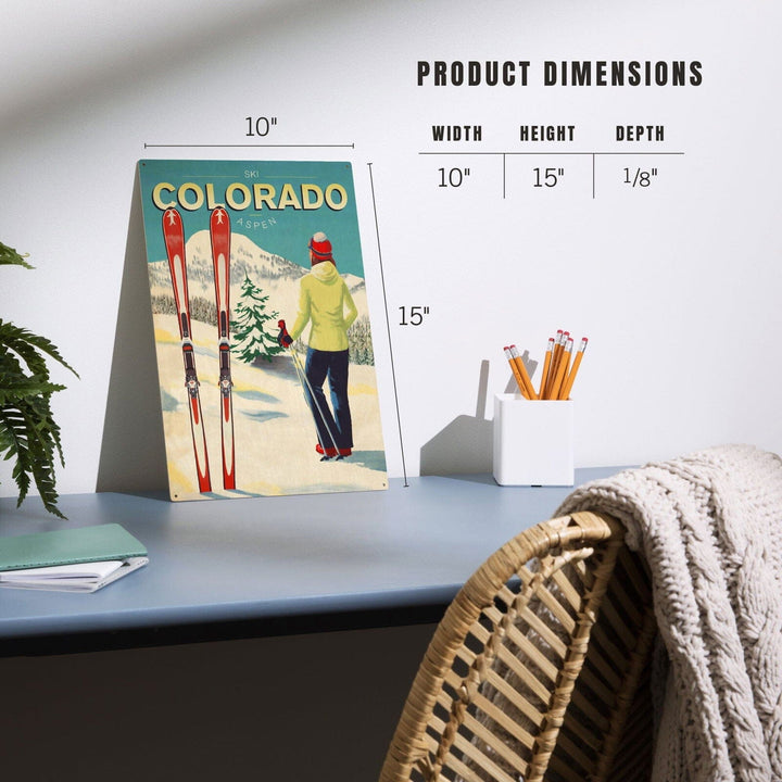 Aspen, Colorado, Woman Skier Mountain View, Ski Aspen, Lantern Press Artwork, Wood Signs and Postcards Wood Lantern Press