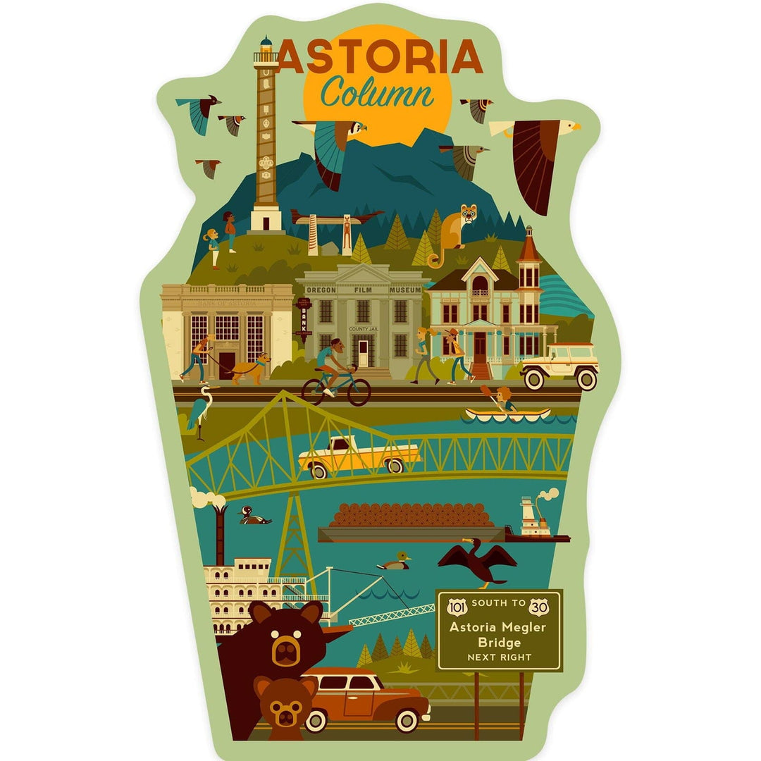 Astoria, Oregon, Astoria Column, Geometric, Contour, Lantern Press Artwork, Vinyl Sticker Sticker Lantern Press