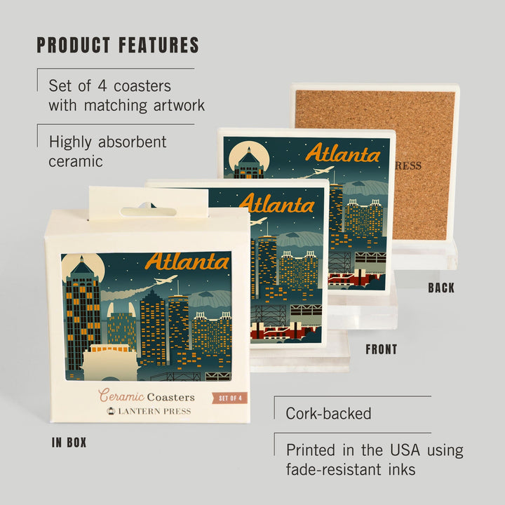 Atlanta, Georgia, Retro Skyline, Coasters Coasters Lantern Press