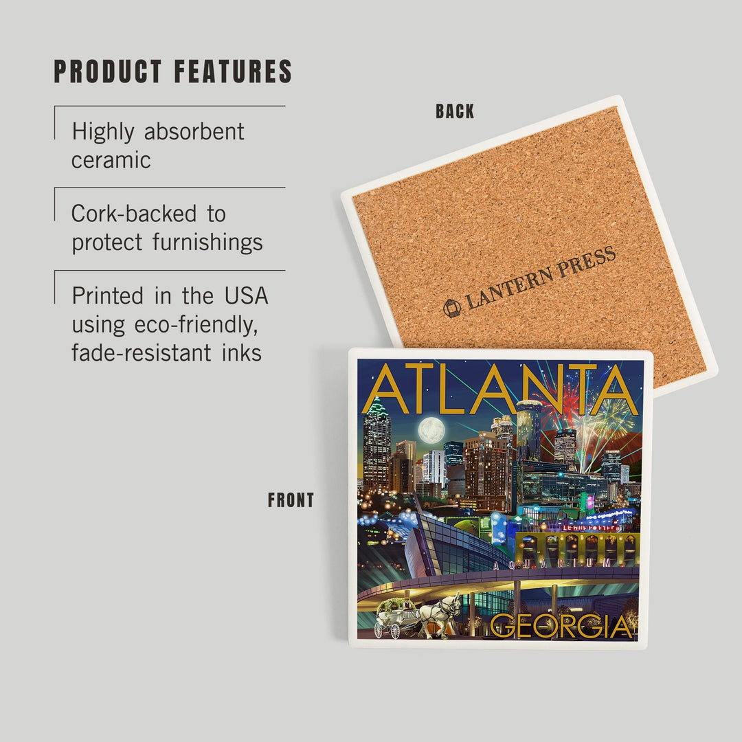 Atlanta, Georgia, Skyline at Night, Coasters Coasters Lantern Press