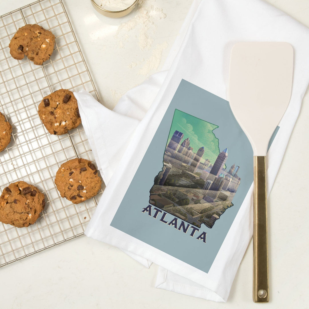 Atlanta, Georgia, Skyline, Lithograph, Contour, Organic Cotton Kitchen Tea Towels Kitchen Lantern Press