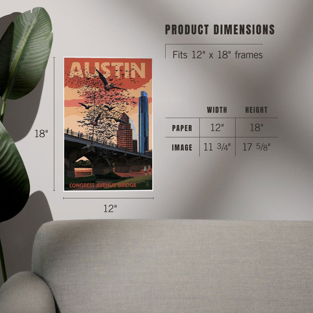 Austin, Texas, Bats and Congress Avenue Bridge, Art & Giclee Prints Art Lantern Press