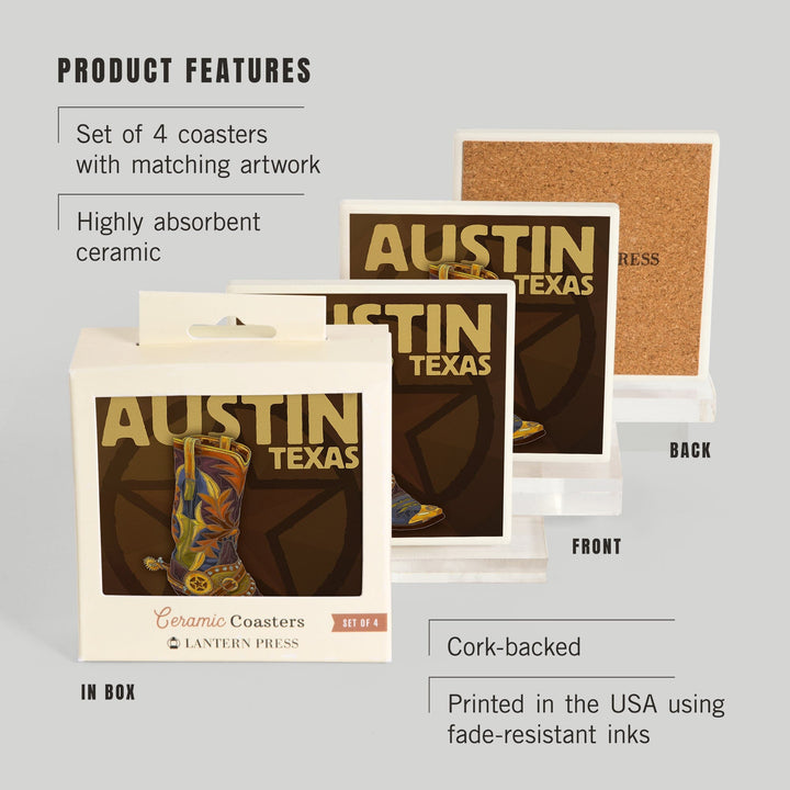 Austin, Texas, Boot and Star, Coasters Coasters Lantern Press