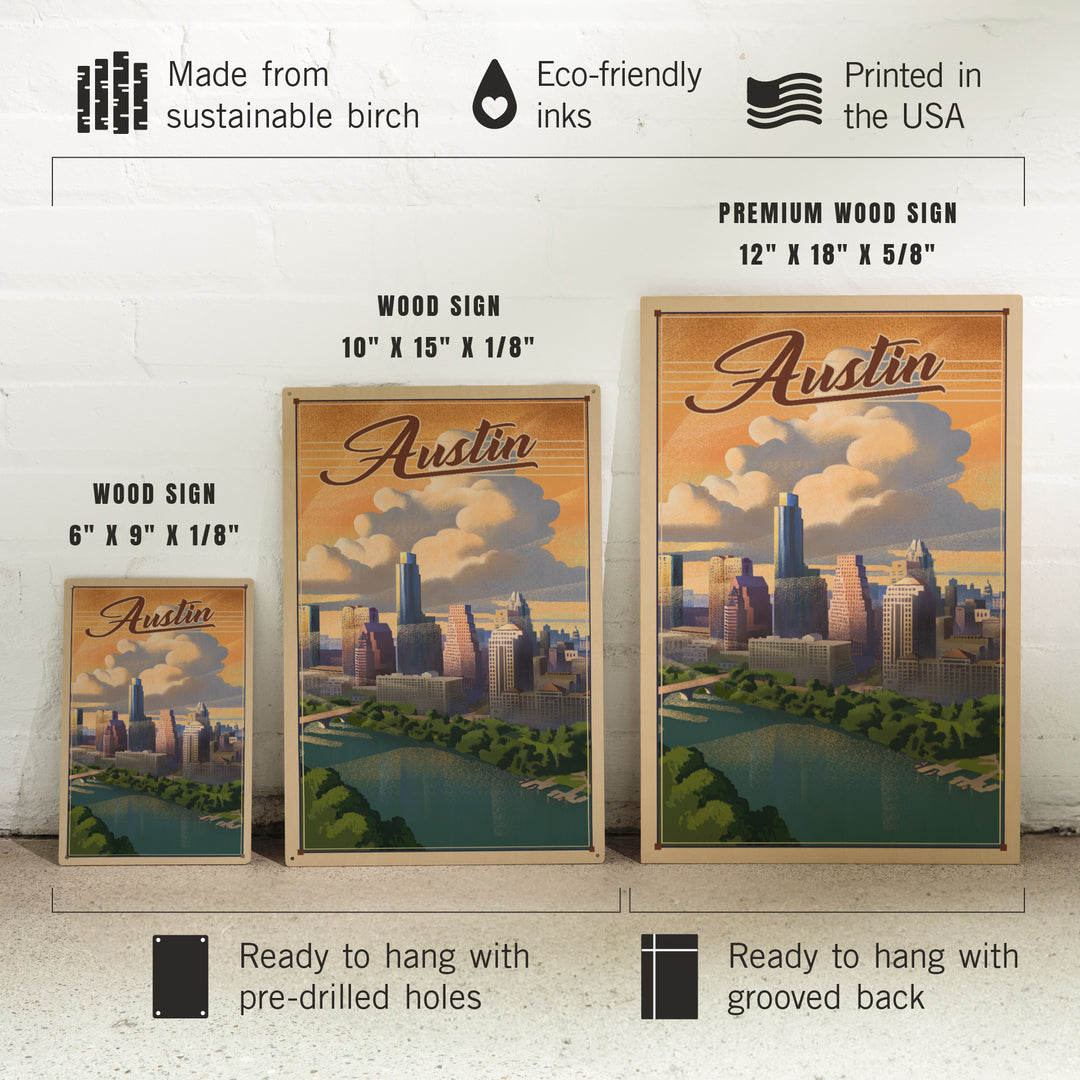 Austin, Texas, Lithograph, City Series, Wood Signs and Postcards Wood Lantern Press