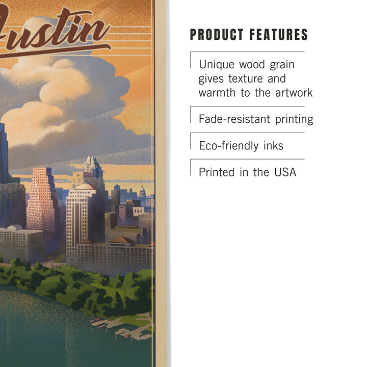 Austin, Texas, Lithograph, City Series, Wood Signs and Postcards Wood Lantern Press