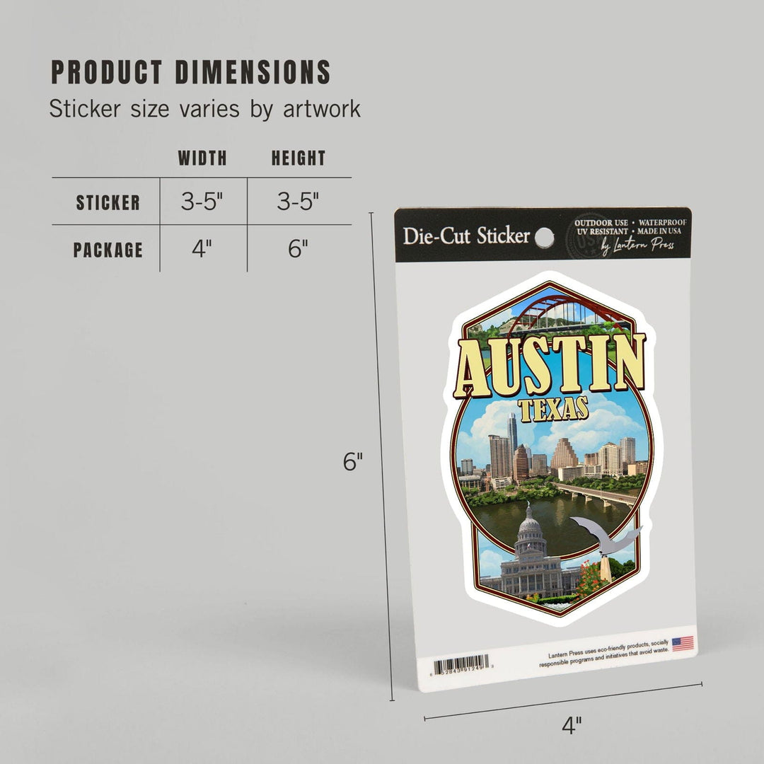 Austin, Texas, Montage Scenes, Contour, Vinyl Sticker Sticker Lantern Press