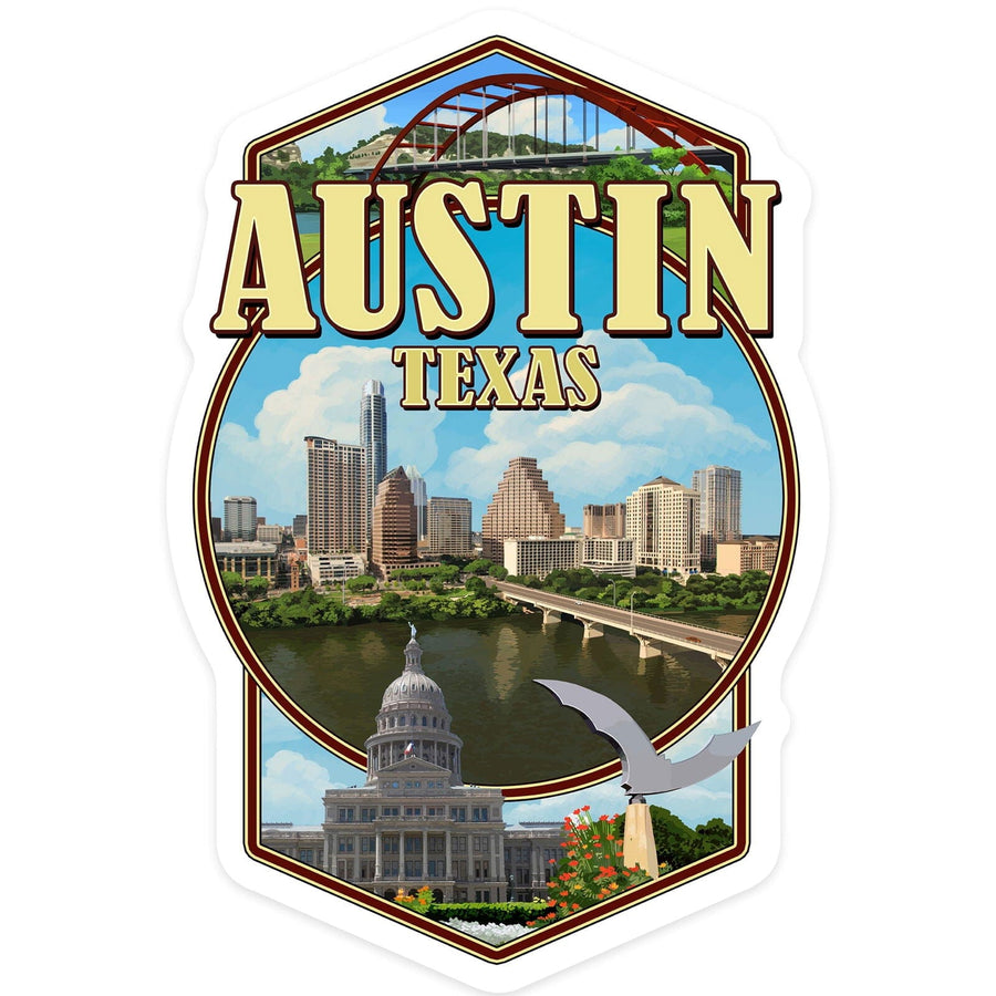 Austin, Texas, Montage Scenes, Contour, Vinyl Sticker Sticker Lantern Press