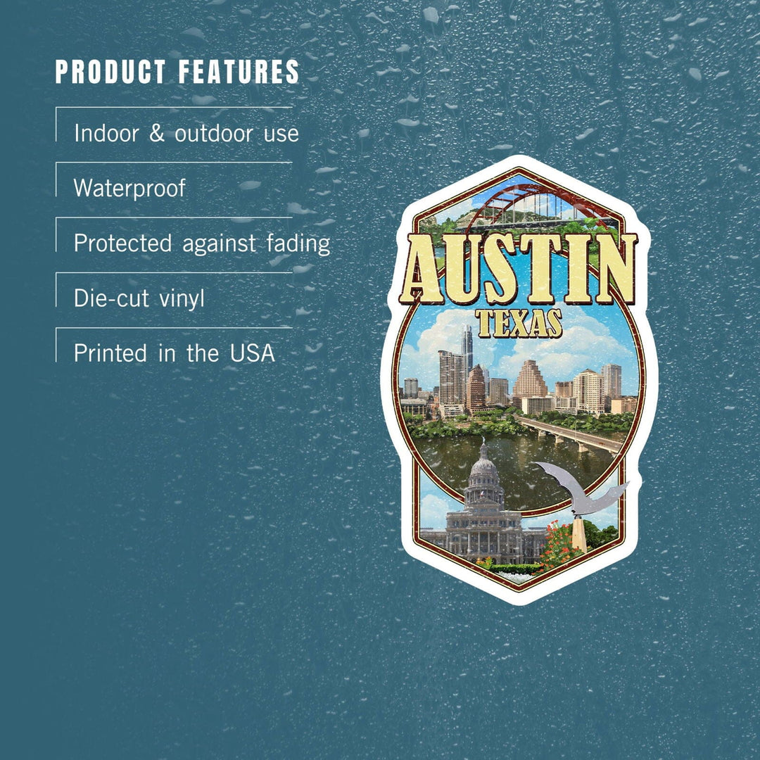 Austin, Texas, Montage Scenes, Contour, Vinyl Sticker Sticker Lantern Press