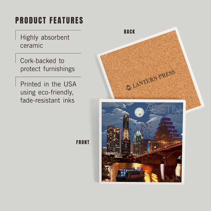 Austin, Texas, Skyline at Night, Coasters Coasters Lantern Press