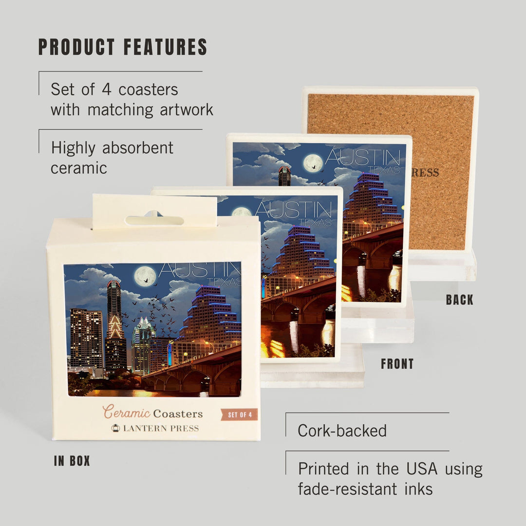 Austin, Texas, Skyline at Night, Coasters Coasters Lantern Press