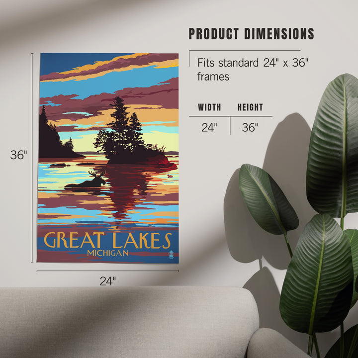 Great Lakes, Michigan, Moose Swimming at Sunset, Art & Giclee Prints