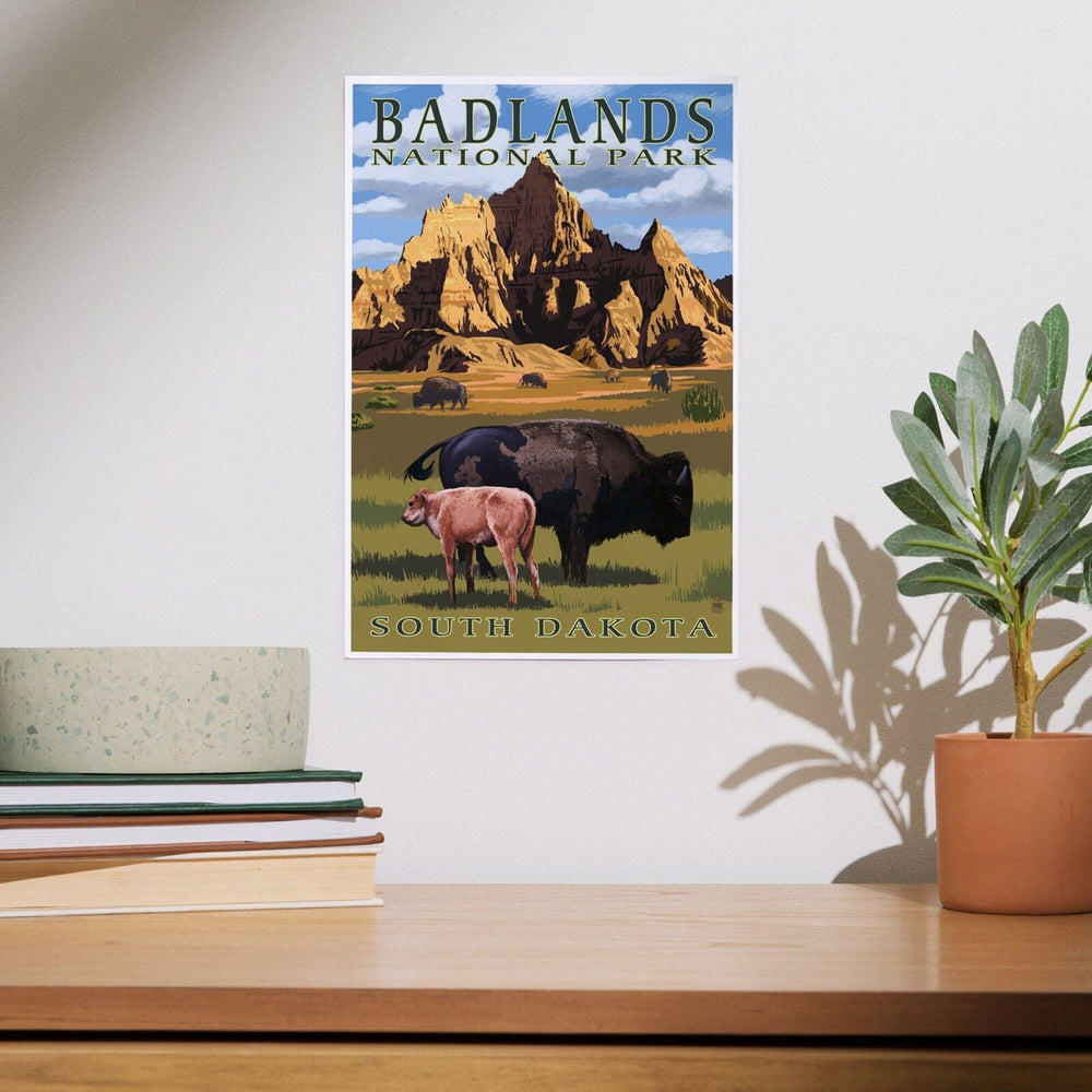 Badlands National Park, South Dakota, Bison Scene, Painterly Series, Art & Giclee Prints Art Lantern Press