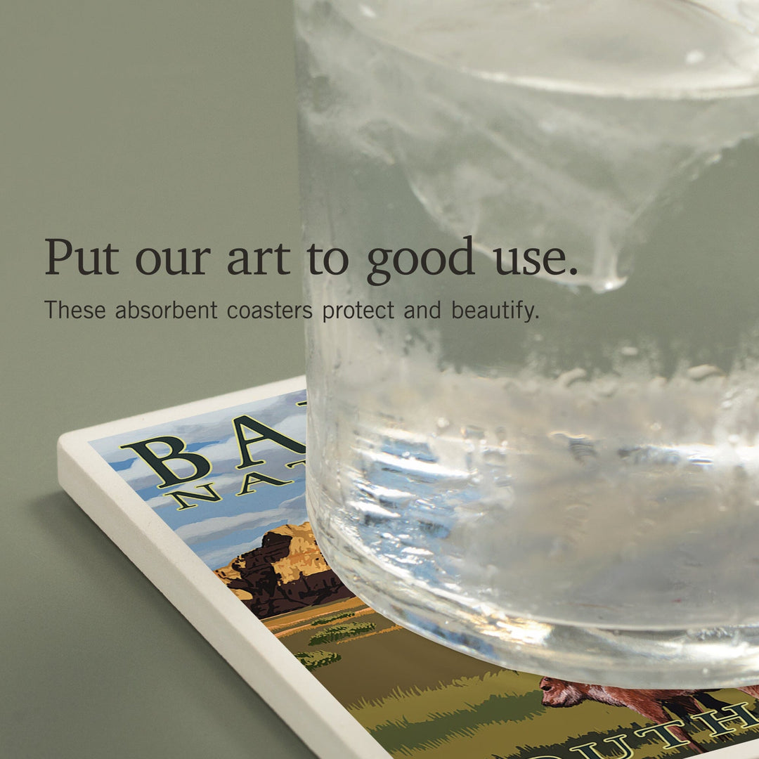 Badlands National Park, South Dakota, Bison Scene, Painterly Series, Coasters Coasters Lantern Press