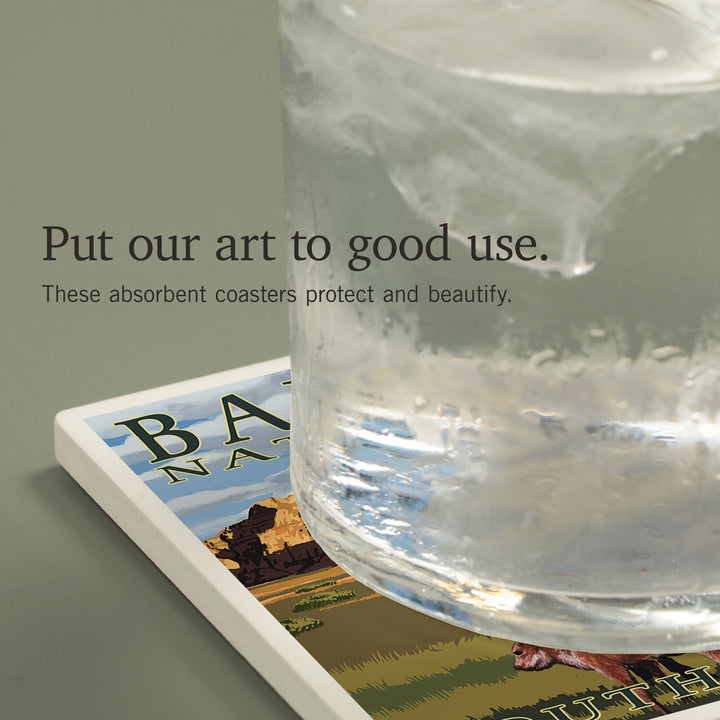 Badlands National Park, South Dakota, Bison Scene, Painterly Series, Coasters Coasters Lantern Press