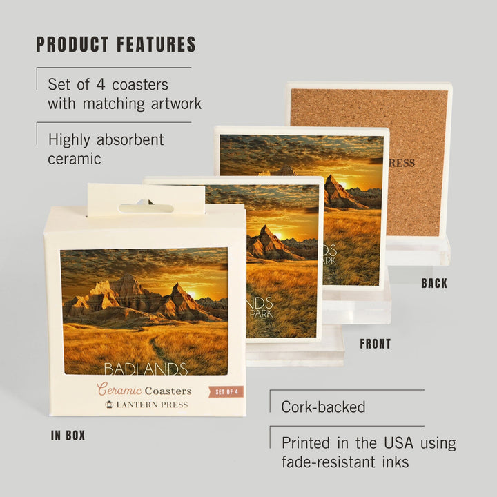 Badlands National Park, South Dakota, Sunset, Coasters Coasters Lantern Press