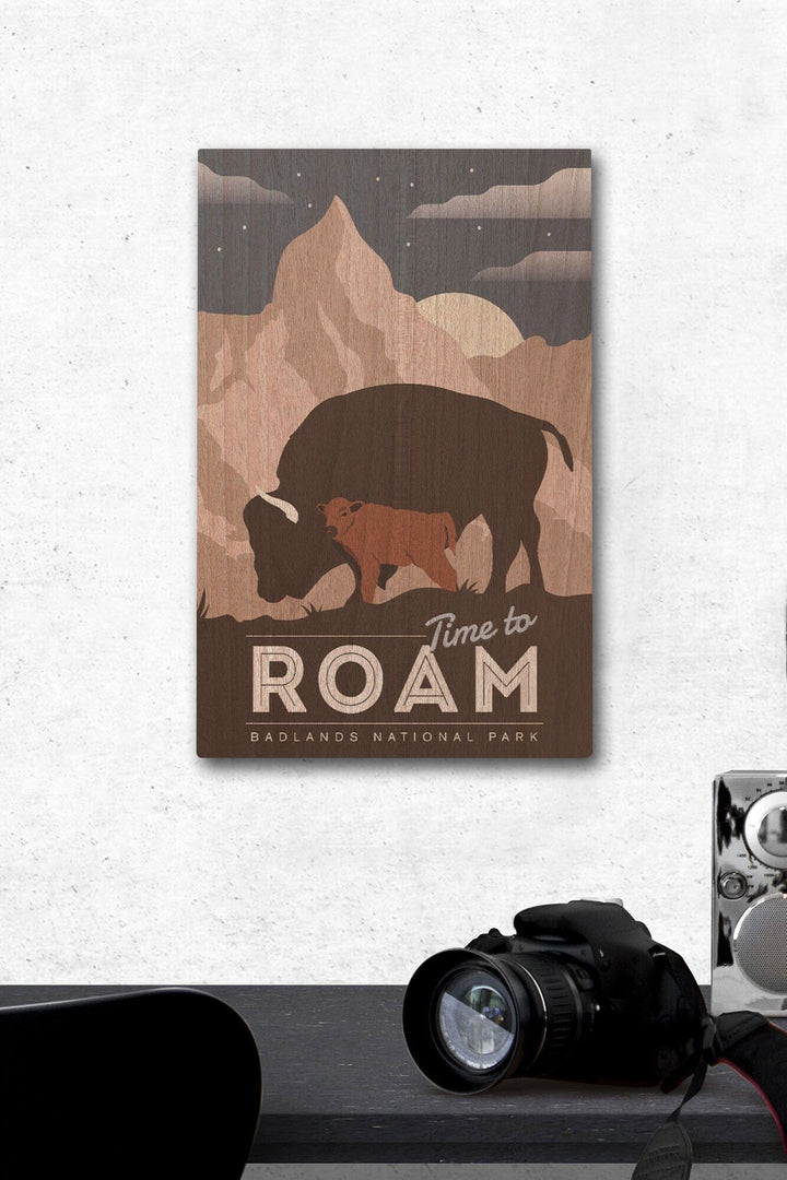 Badlands National Park, South Dakota, Time To Roam, Bison and Calf, Night Scene, Lantern Press Artwork, Wood Signs and Postcards Wood Lantern Press 12 x 18 Wood Gallery Print