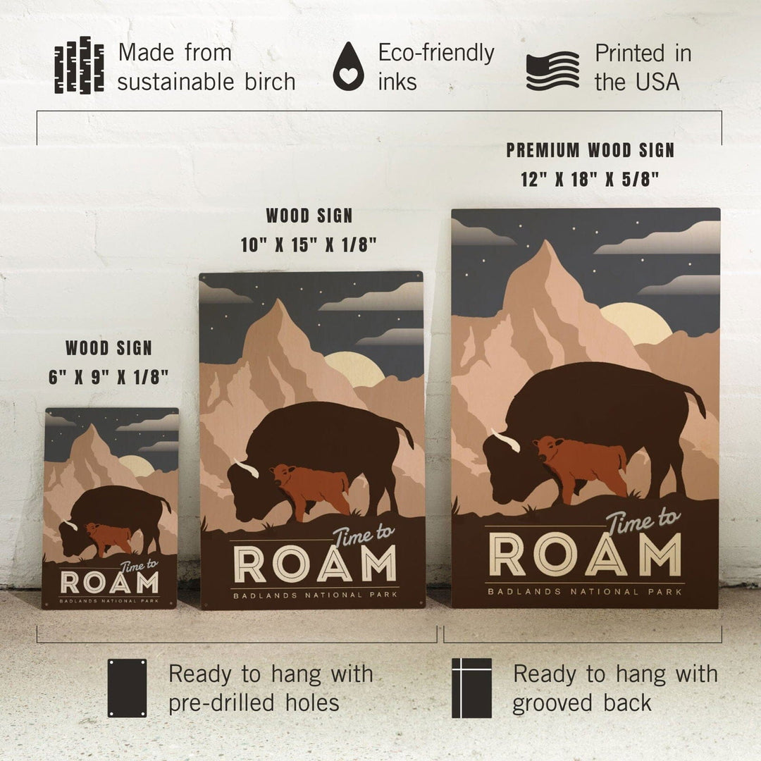 Badlands National Park, South Dakota, Time To Roam, Bison and Calf, Night Scene, Lantern Press Artwork, Wood Signs and Postcards Wood Lantern Press