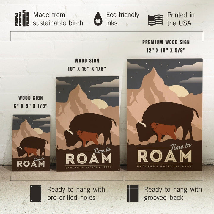 Badlands National Park, South Dakota, Time To Roam, Bison and Calf, Night Scene, Lantern Press Artwork, Wood Signs and Postcards Wood Lantern Press