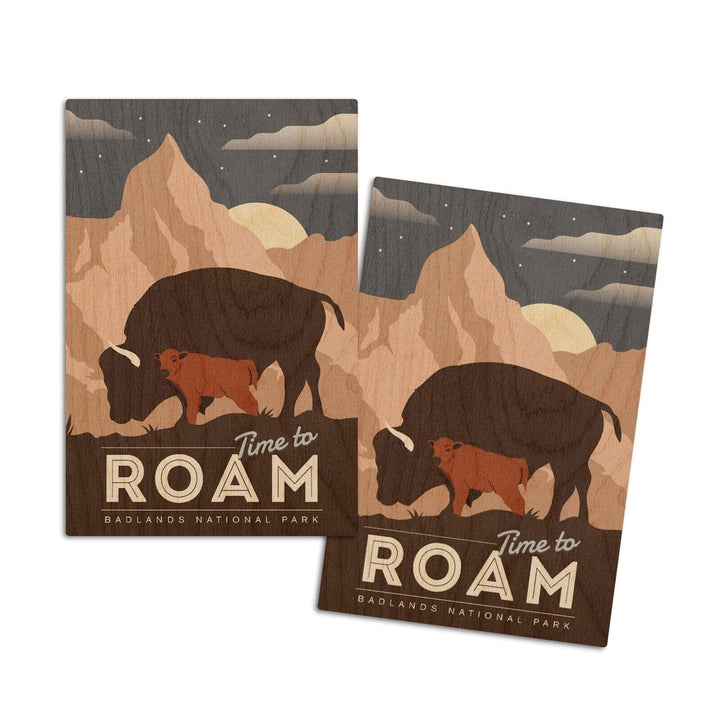 Badlands National Park, South Dakota, Time To Roam, Bison and Calf, Night Scene, Lantern Press Artwork, Wood Signs and Postcards Wood Lantern Press 4x6 Wood Postcard Set