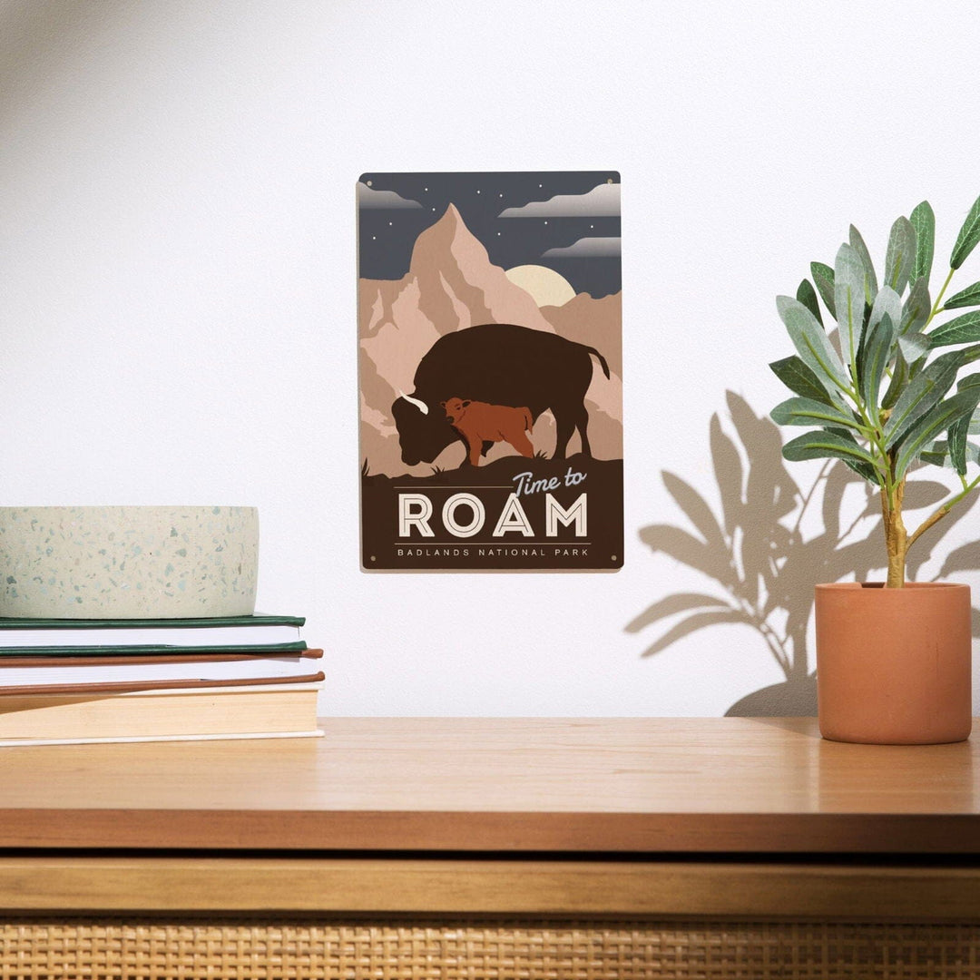 Badlands National Park, South Dakota, Time To Roam, Bison and Calf, Night Scene, Lantern Press Artwork, Wood Signs and Postcards Wood Lantern Press