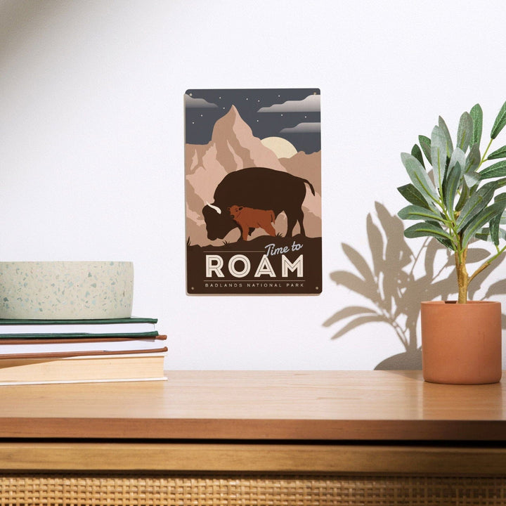 Badlands National Park, South Dakota, Time To Roam, Bison and Calf, Night Scene, Lantern Press Artwork, Wood Signs and Postcards Wood Lantern Press