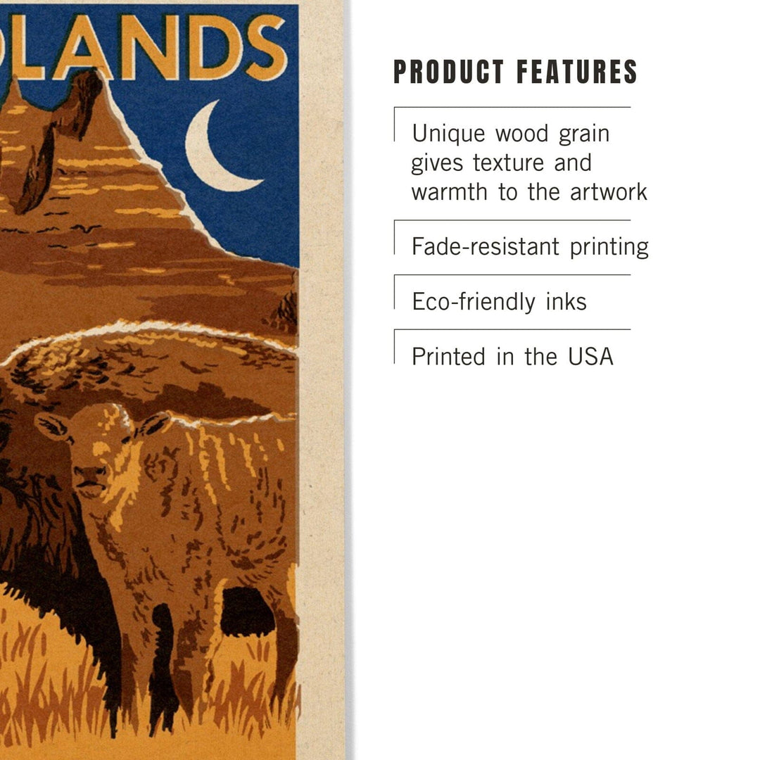 Badlands National Park, Woodblock, Lantern Press Artwork, Wood Signs and Postcards Wood Lantern Press