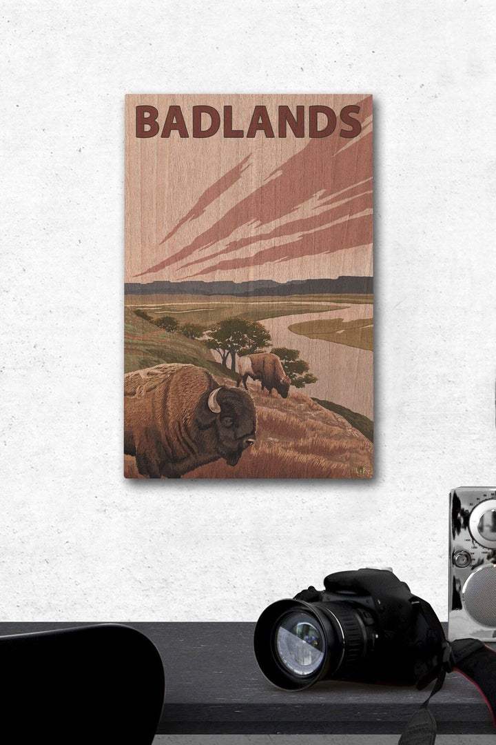 Badlands, North Dakota, Bison and Buttes, Lantern Press Artwork, Wood Signs and Postcards Wood Lantern Press 12 x 18 Wood Gallery Print