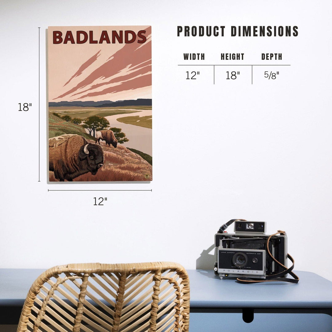 Badlands, North Dakota, Bison and Buttes, Lantern Press Artwork, Wood Signs and Postcards Wood Lantern Press