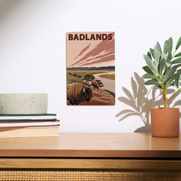 Badlands, North Dakota, Bison and Buttes, Lantern Press Artwork, Wood Signs and Postcards Wood Lantern Press