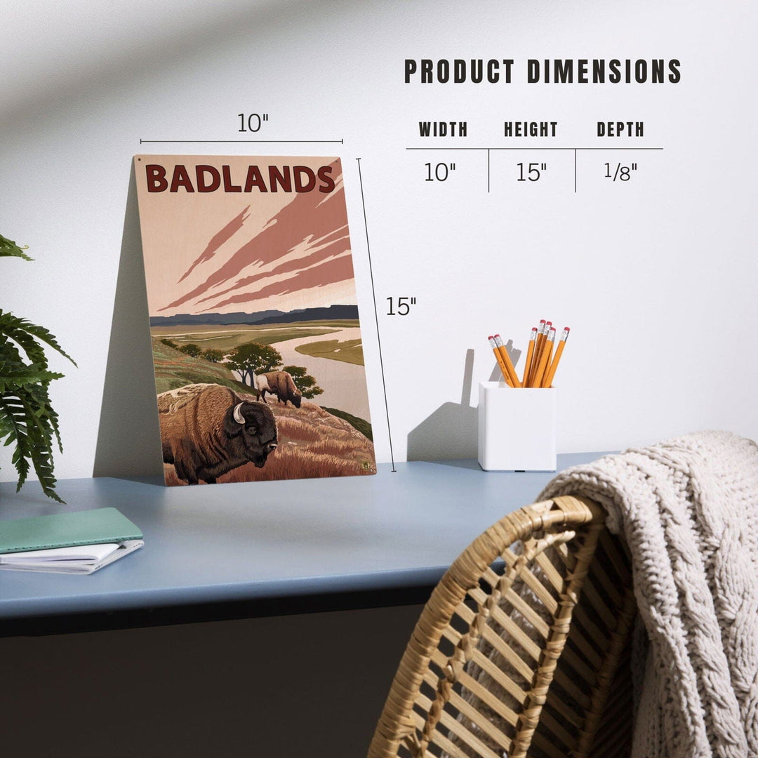 Badlands, North Dakota, Bison and Buttes, Lantern Press Artwork, Wood Signs and Postcards Wood Lantern Press