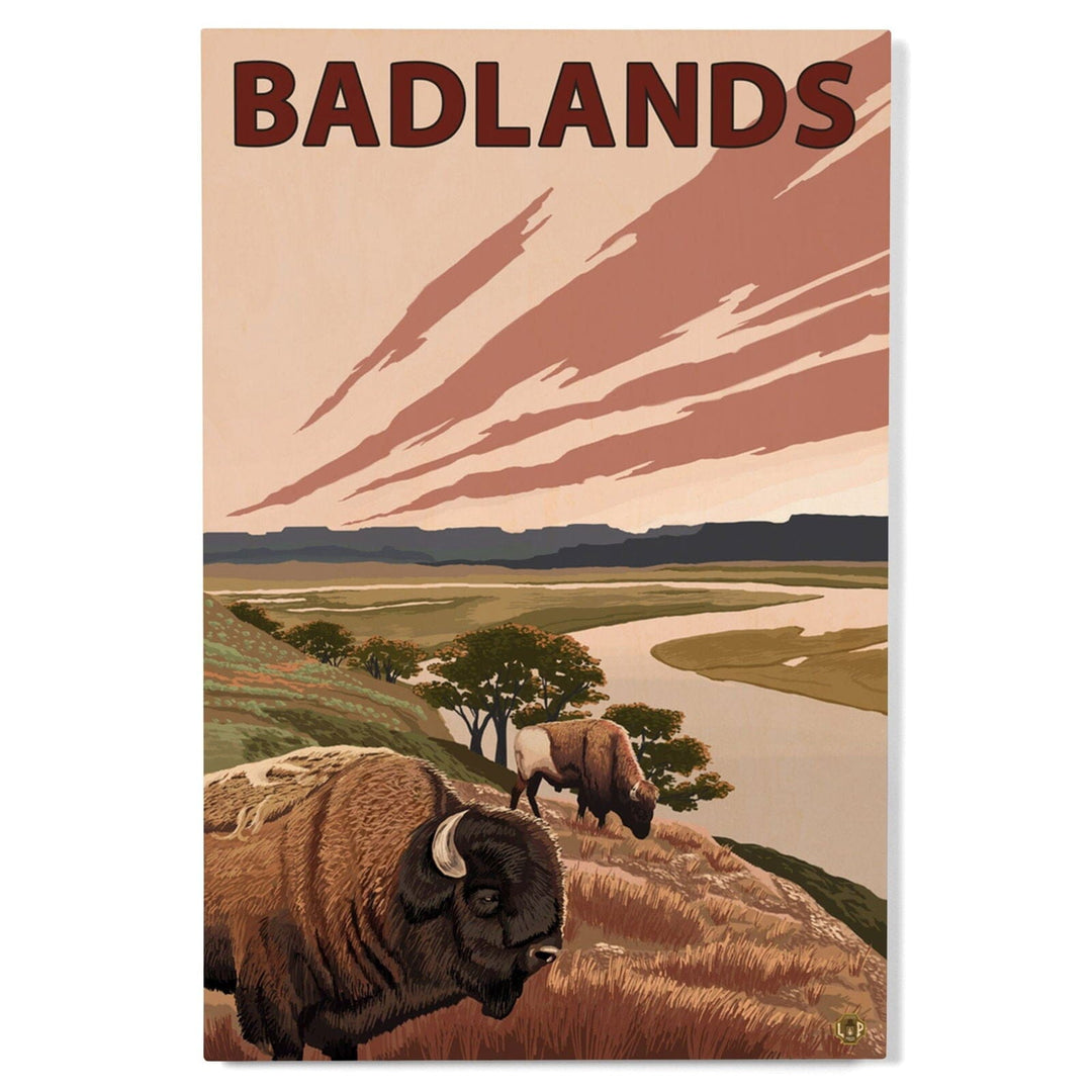 Badlands, North Dakota, Bison and Buttes, Lantern Press Artwork, Wood Signs and Postcards Wood Lantern Press