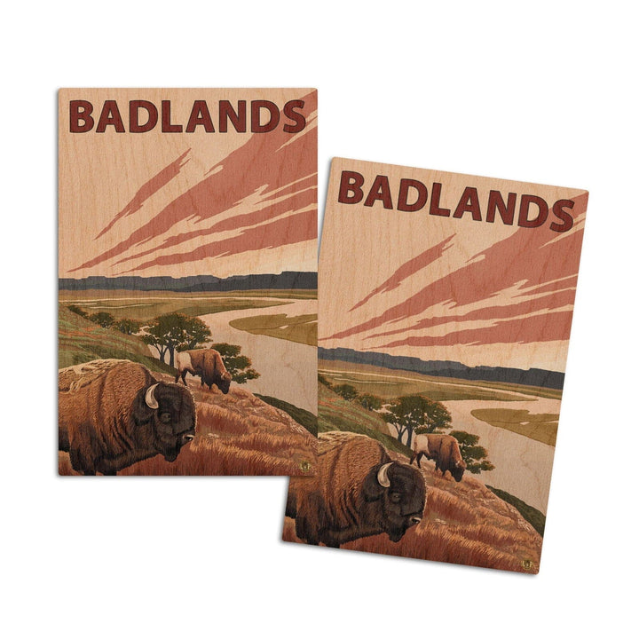 Badlands, North Dakota, Bison and Buttes, Lantern Press Artwork, Wood Signs and Postcards Wood Lantern Press 4x6 Wood Postcard Set