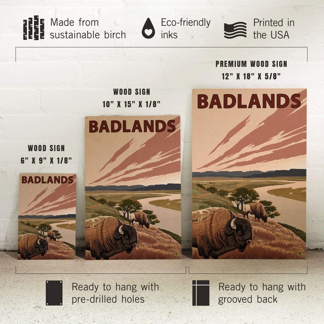 Badlands, North Dakota, Bison and Buttes, Lantern Press Artwork, Wood Signs and Postcards Wood Lantern Press