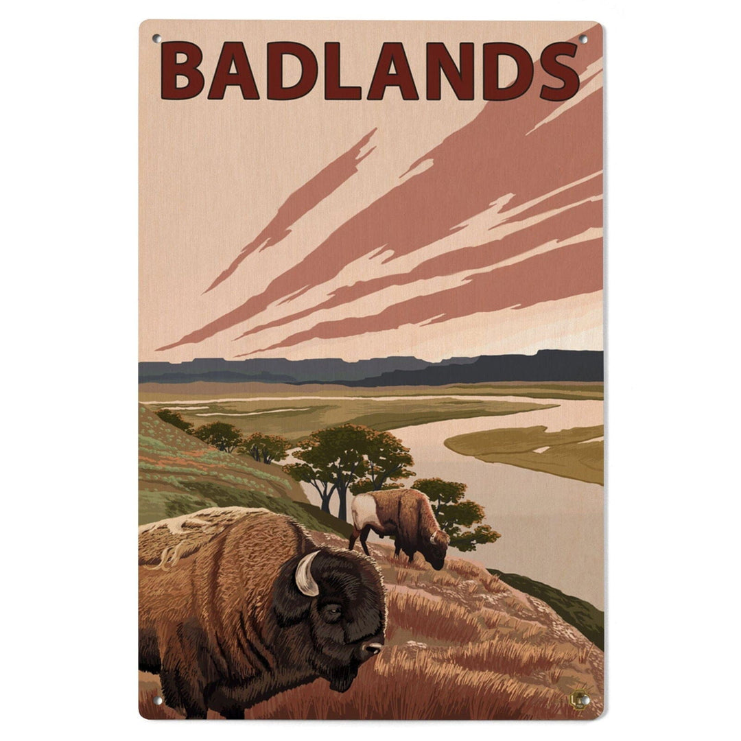 Badlands, North Dakota, Bison and Buttes, Lantern Press Artwork, Wood Signs and Postcards Wood Lantern Press