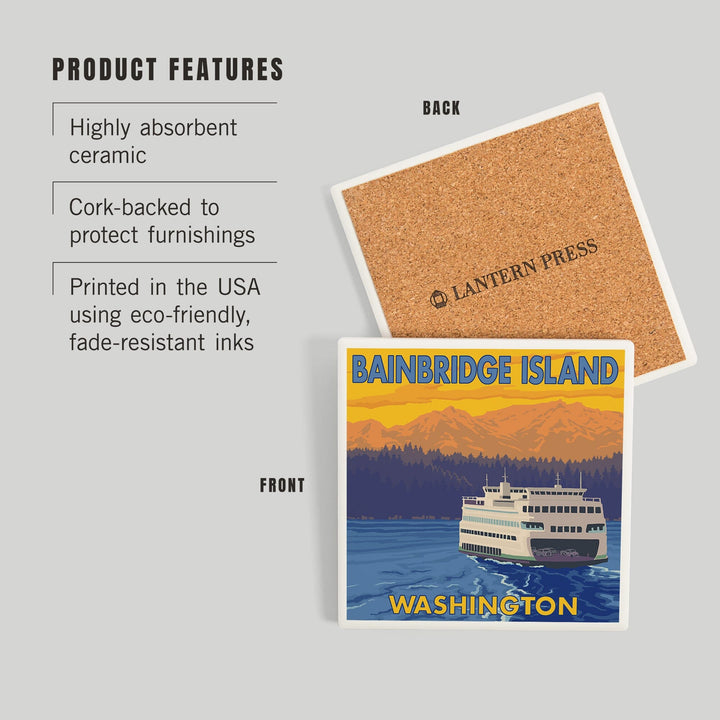 Bainbridge Island, Washington, Ferry and Mountains, Coasters Coasters Lantern Press